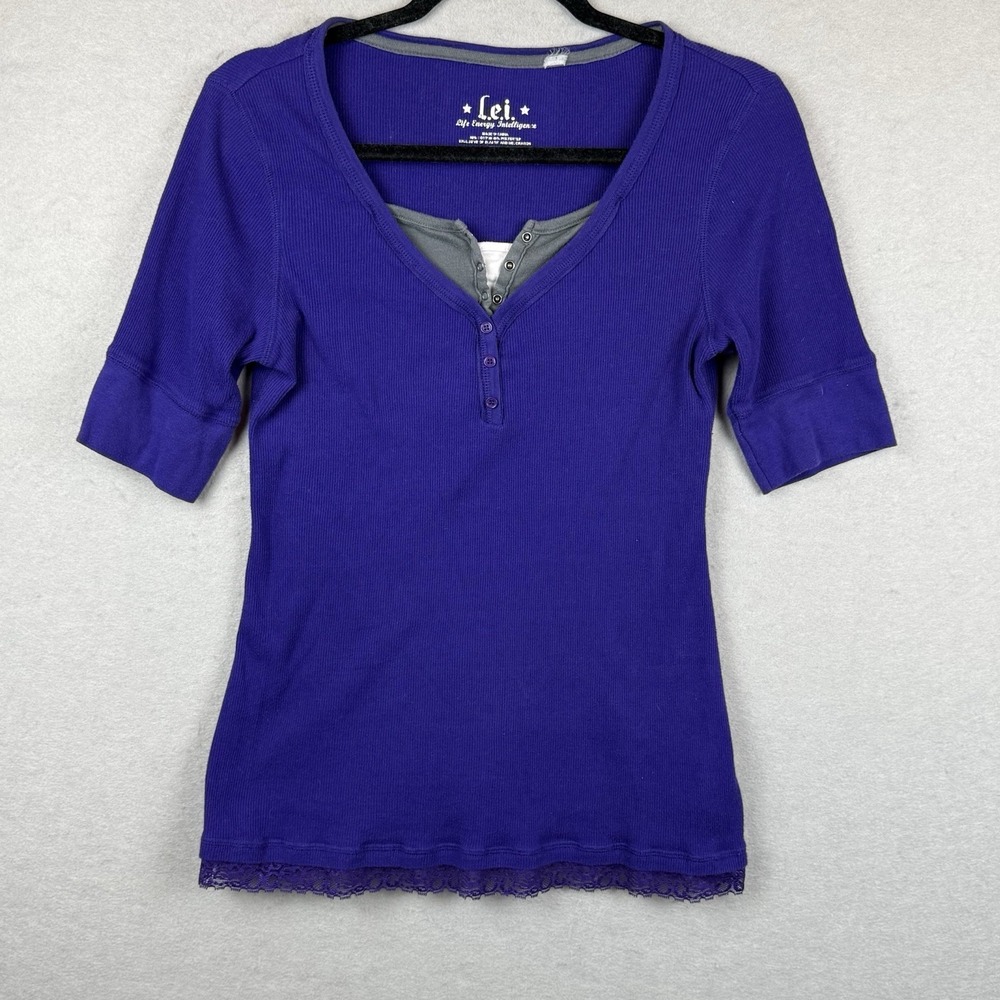 Y2K LEI Women's Thermal Henley‎ Layered Lace Shirt Size XL Purple Bella Swan